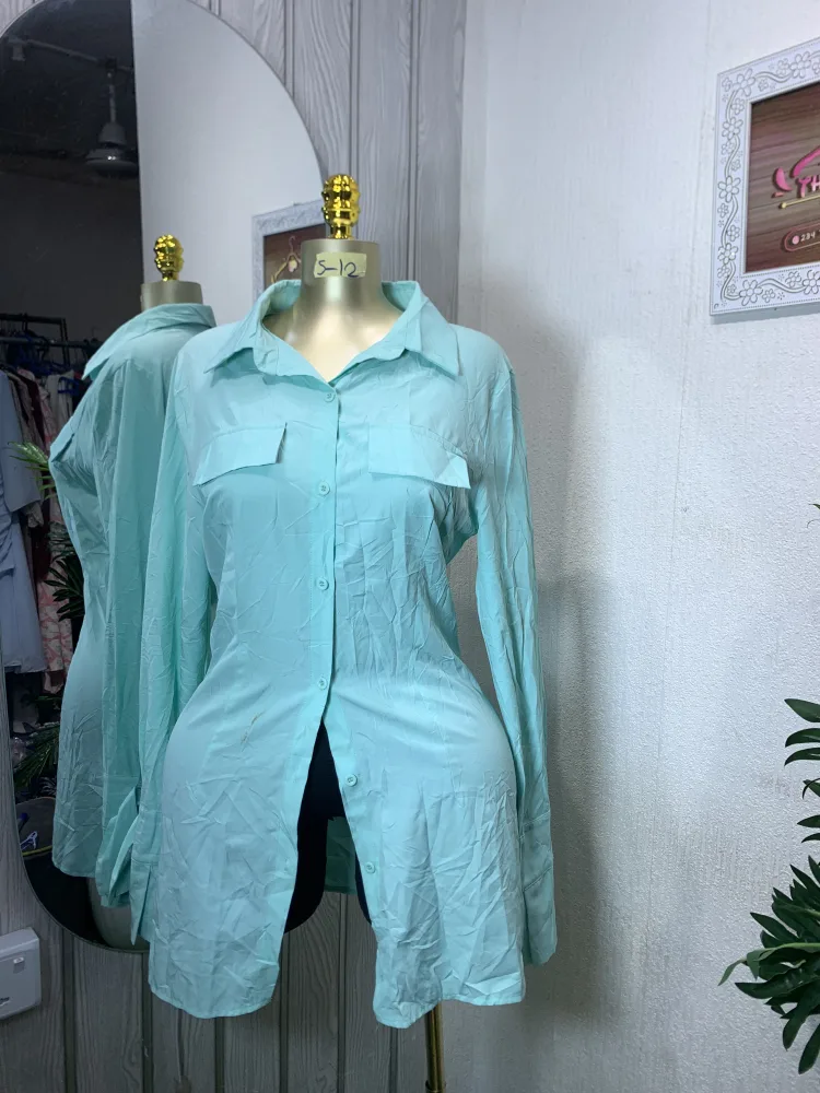 Aqua Collared Long Sleeve Tunic Blouse