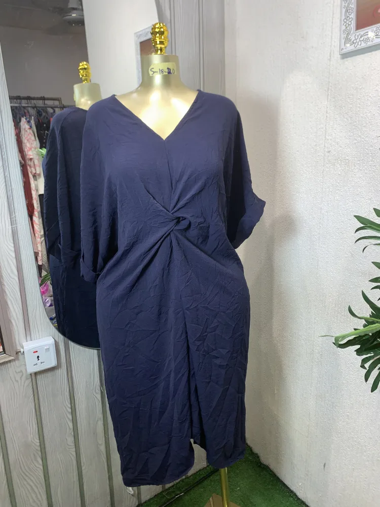 Navy Blue V-Neck Twist Front Midi Dress