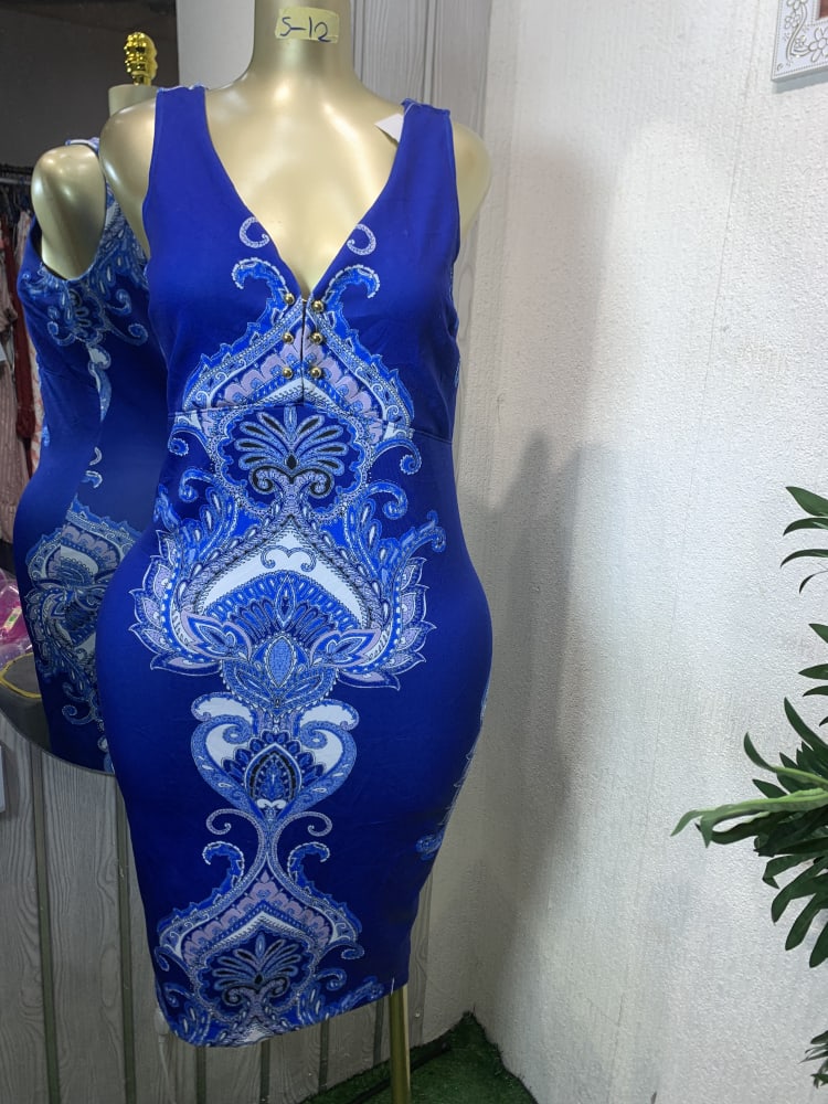 Royal Blue Ornate Pattern V-Neck Bodycon Dress