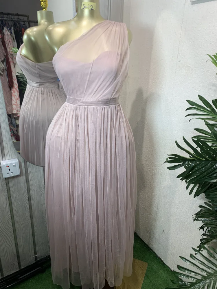 Blush Tulle One-Shoulder Maxi Dress - Bridesmaid Gown