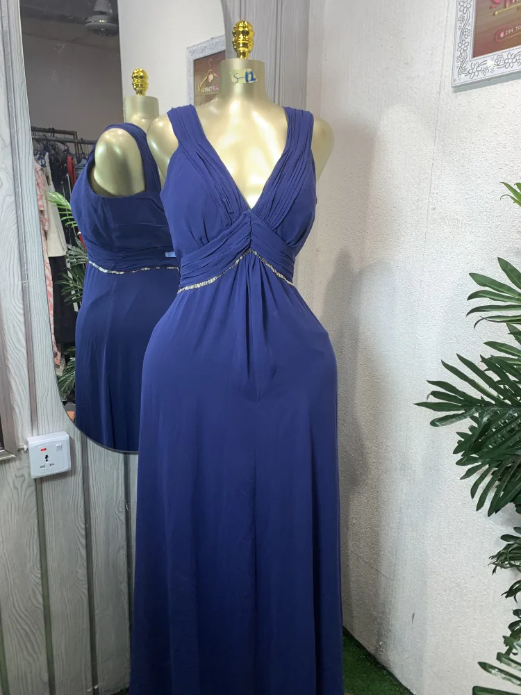 Elegant Royal Blue V-Neck Pleated Maxi Gown