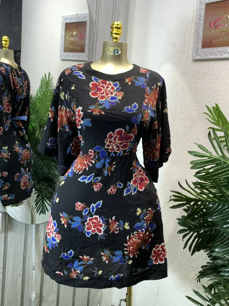 Black Floral Print Short Sleeve Tunic Dress