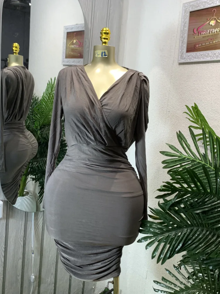 Women's Taupe V-Neck Ruched Long Sleeve Bodycon Mini Dress