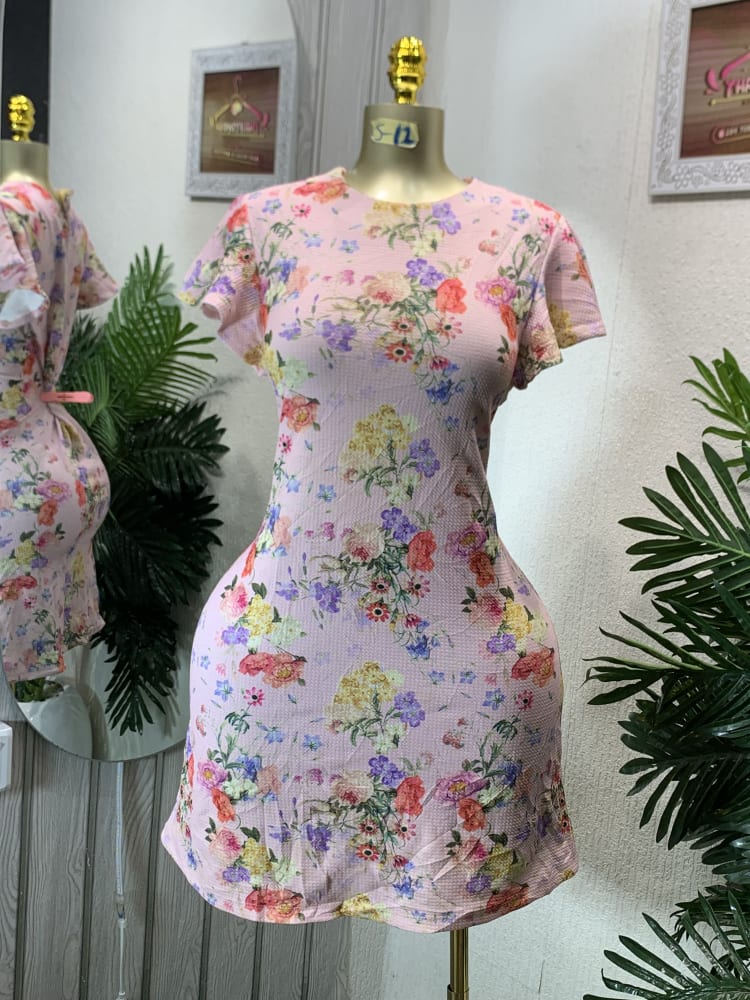 Pink Floral Textured Short Sleeve Mini Dress