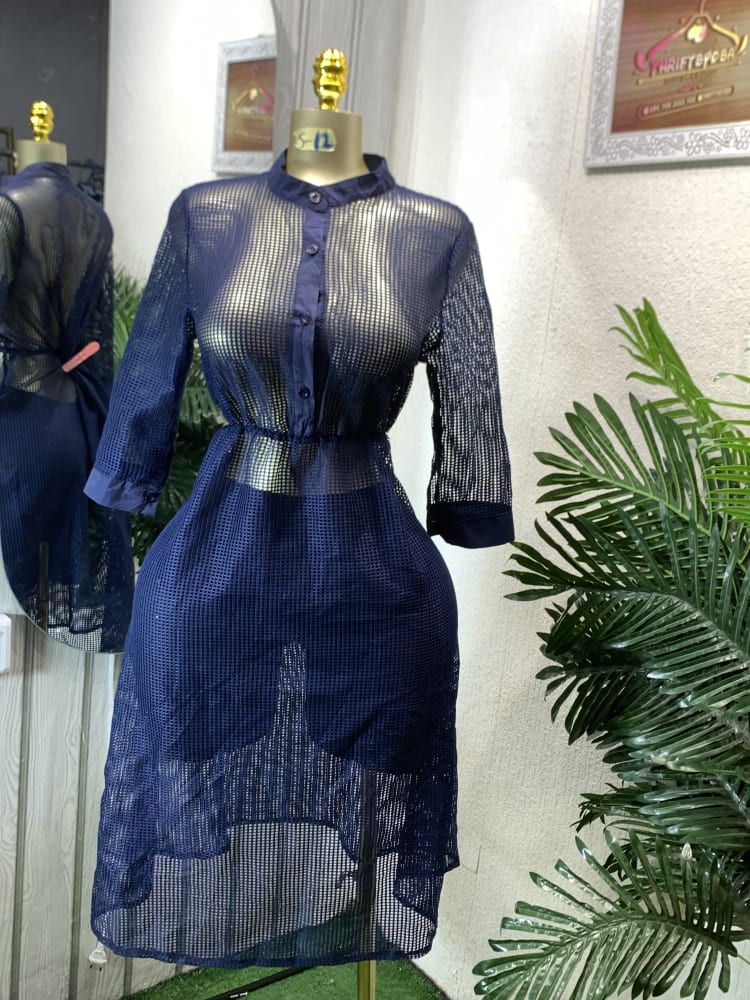 Navy Sheer Mesh Button-Front High-Low Dress