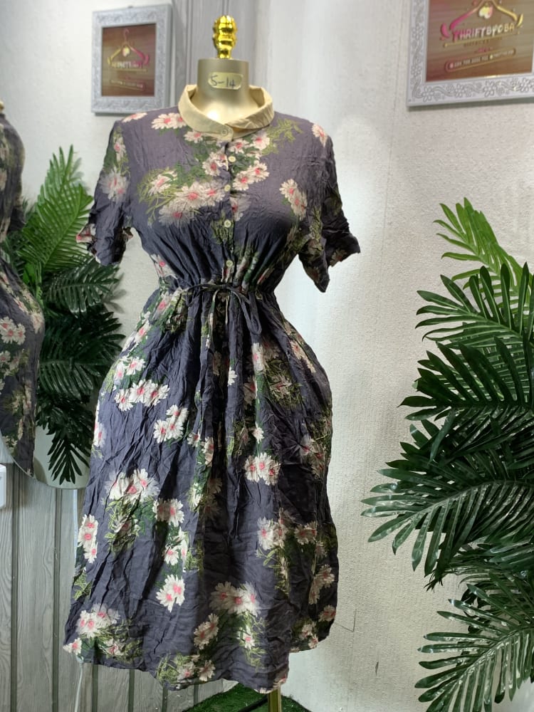 Crinkle Floral Collared Drawstring Shirtdress