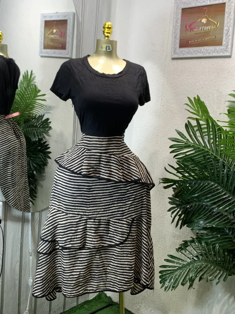 Black & White Striped Tiered Ruffle High-Waist Skirt