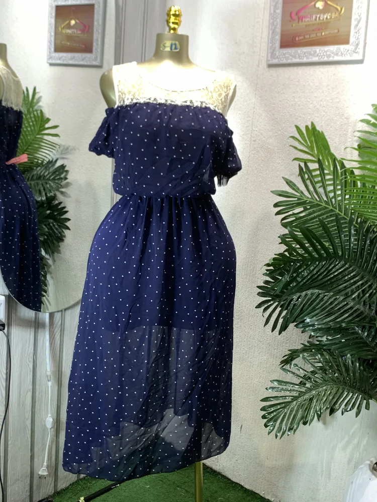 Navy Polka Dot Off-Shoulder Midi Dress with Lace Top