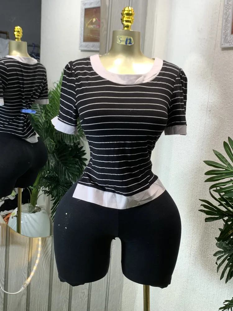 Women's Striped Top & Black Shorts Casual Set