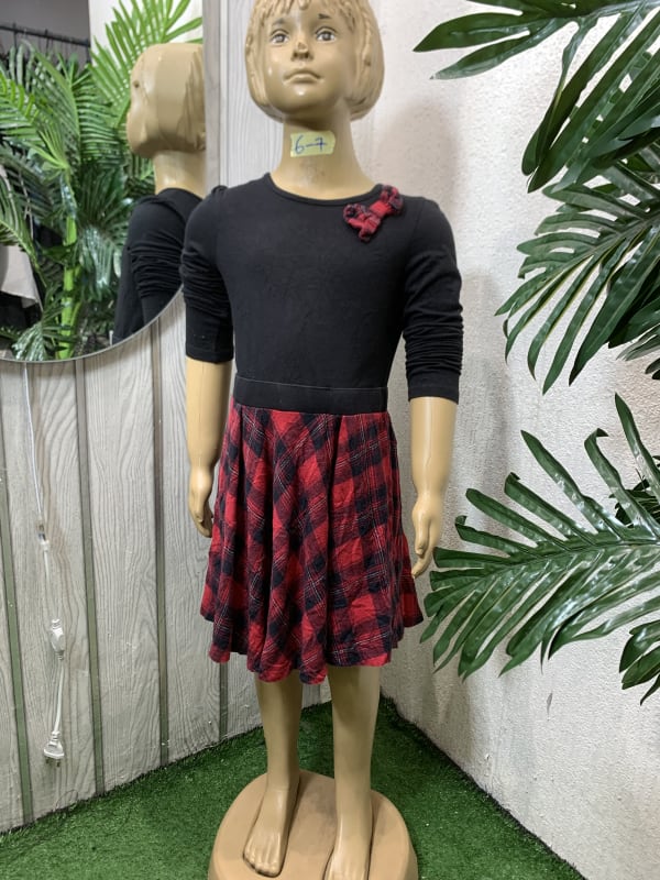 Girls' Black Top & Red Plaid Skirt Dress with Bow