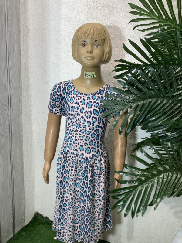 Girls' Teal Leopard Print A-Line Short Sleeve Dress