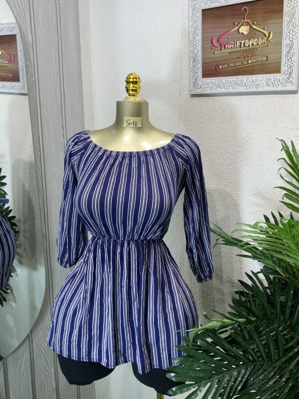 Chic Striped Off-Shoulder Peplum Top - Navy & White