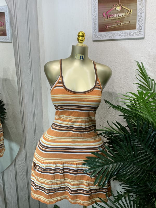 Striped Orange Ruffle Hem Tank Mini Dress