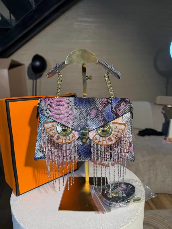 Unique Owl Beaded Snakeskin Shoulder Bag & Clutch