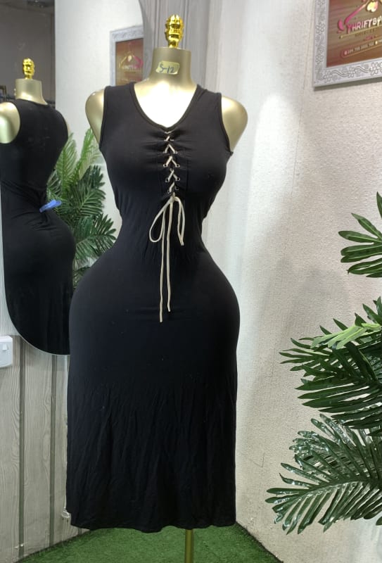 Black Lace-Up V-Neck Sleeveless Bodycon Midi Dress