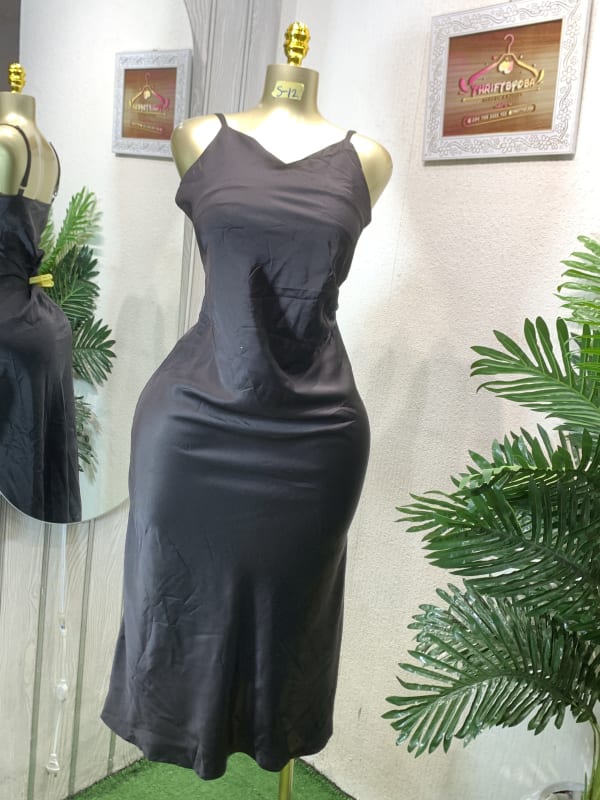 Elegant Black Midi Slip Dress | V-Neck Satin Camisole
