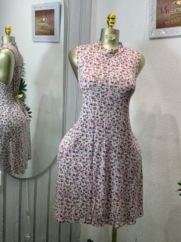 Pink Floral Mock Neck Sleeveless Pleated Mini Dress