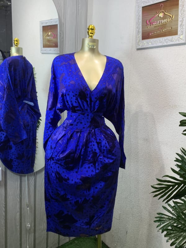 Royal Blue Patterned V-Neck Midi Dress with Ruched Waist
