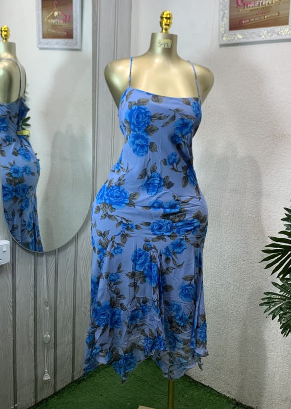 Summer Blue Floral Slip Midi Dress