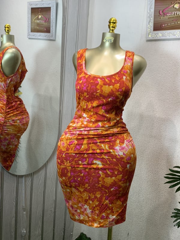 Orange Pink Abstract Ruched Bodycon Mini Dress