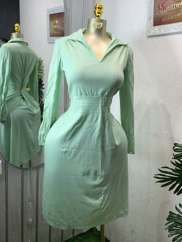 Mint Green Collared V-Neck Midi Dress with Tie Waist