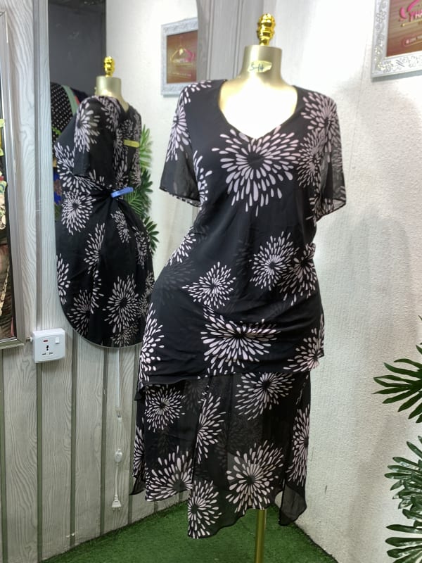 Flowy Black Floral Print Tiered Chiffon Midi Dress