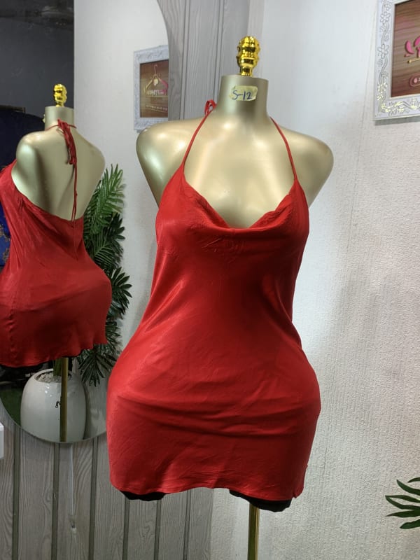 Red Satin Cowl Neck Halter Mini Dress - Party Clubwear