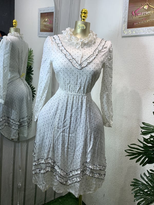 White Polka Dot Ruffle Collar Long Sleeve Mini Dress