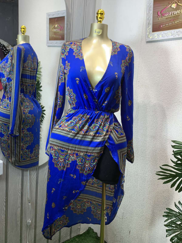 Royal Blue Paisley Deep V Asymmetric Wrap Dress