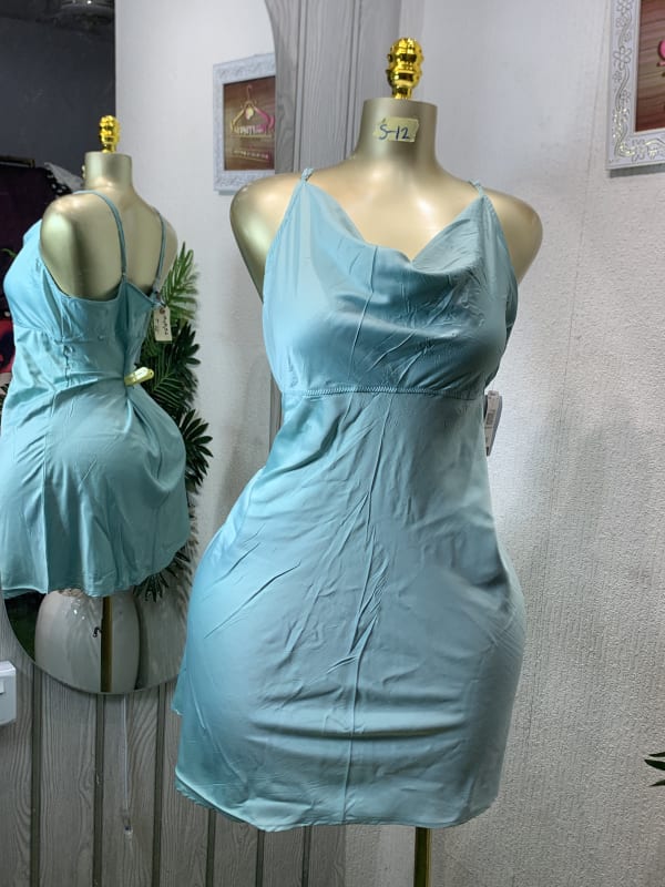 Elegant Aqua Cowl Neck Satin Slip Mini Dress