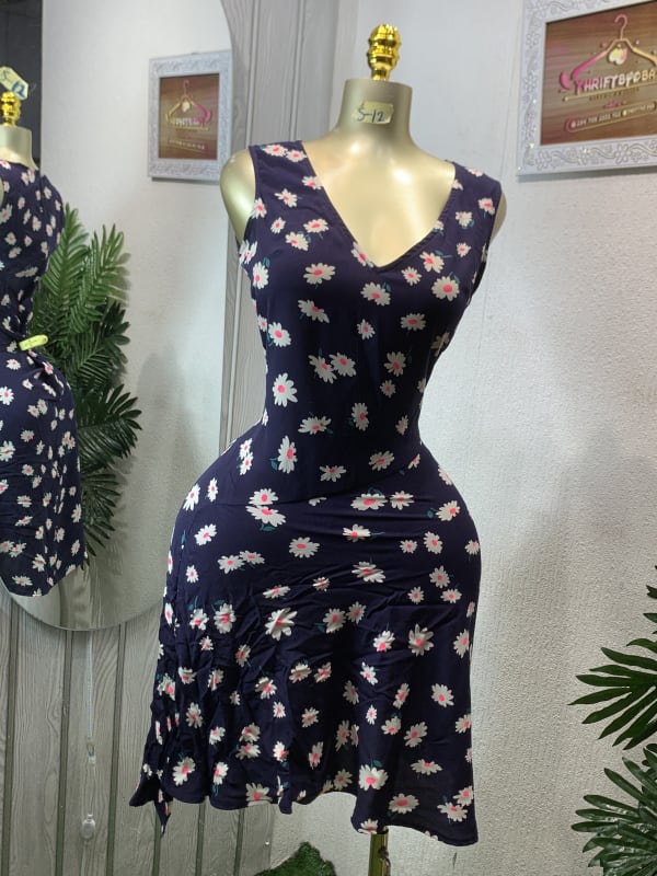 Chic Navy Daisy Print Sleeveless V-Neck Day Dress