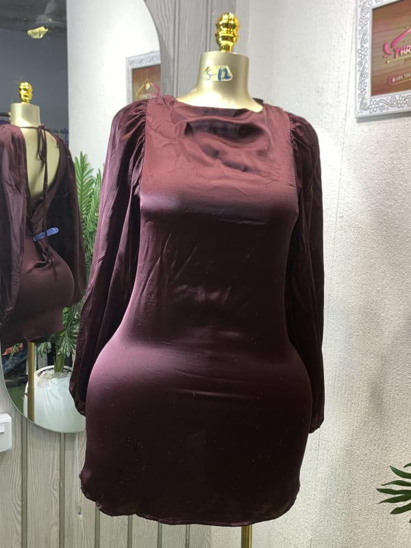 Chic Burgundy Satin Puff Sleeve Draped Dress