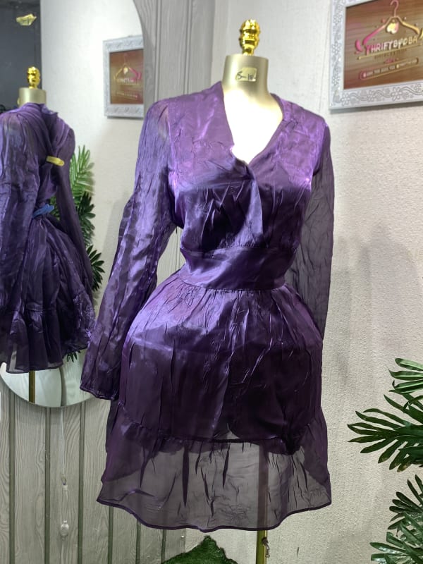 Radiant Purple Crinkle Sheer V-Neck Mini Dress