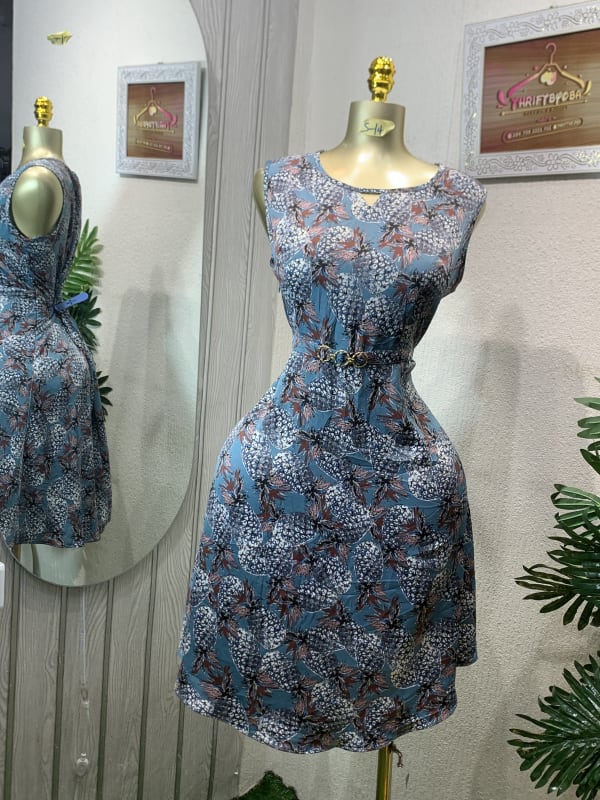 Women's Blue Pineapple Print Belted A-Line Mini Dress