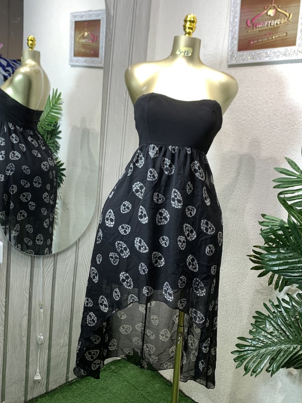 Women's Black Skull Print High-Low Strapless Dress