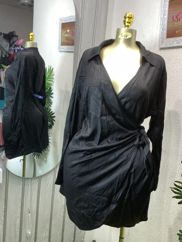 Black Long Sleeve Collared Wrap Mini Dress