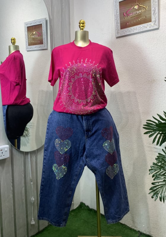 Glam Pink Rhinestone Tee & Heart Denim Jeans Set