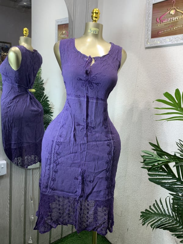 Boho Purple Embroidered Crinkle Sleeveless Dress