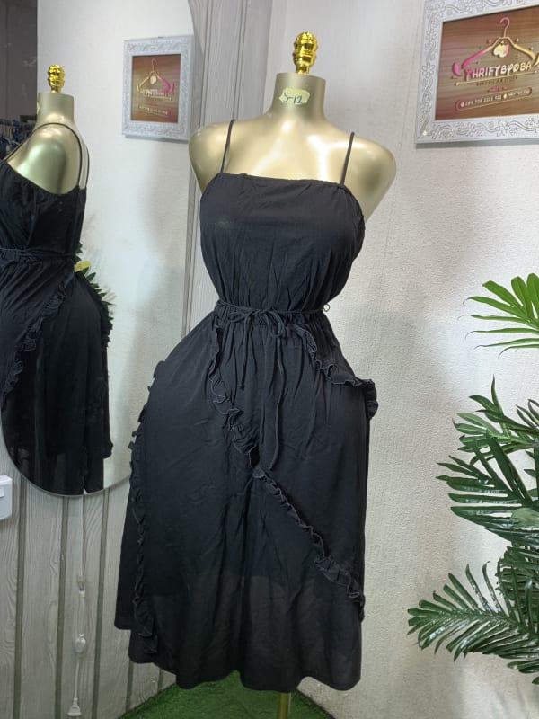 Effortless Black Ruffled Cami Dress with Drawstring Waist