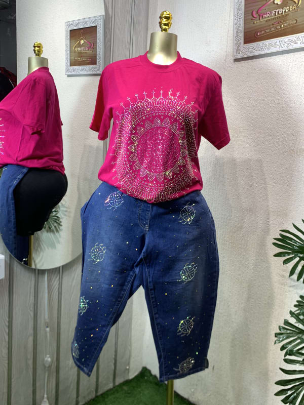 Hot Pink Rhinestone Tee & Crystal Denim Capri Pants