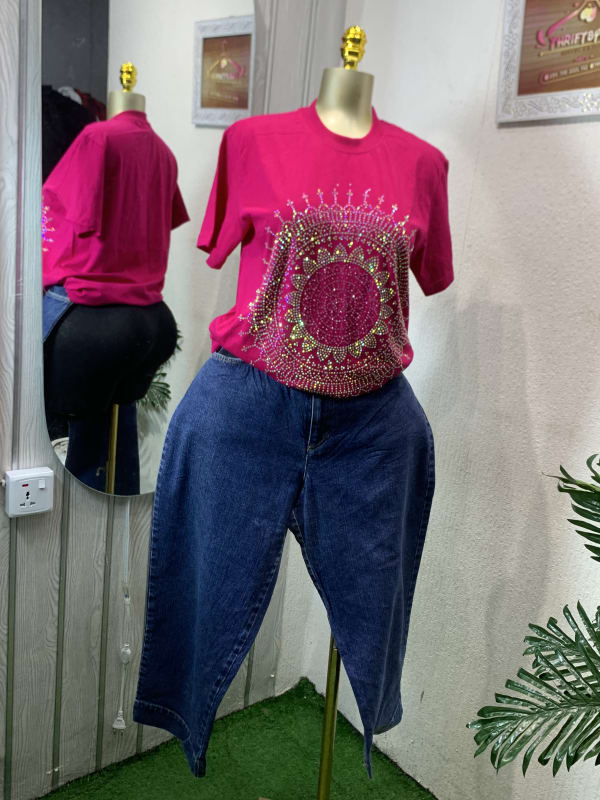 Sparkling Pink Embellished T-Shirt & Wide-Leg Jeans
