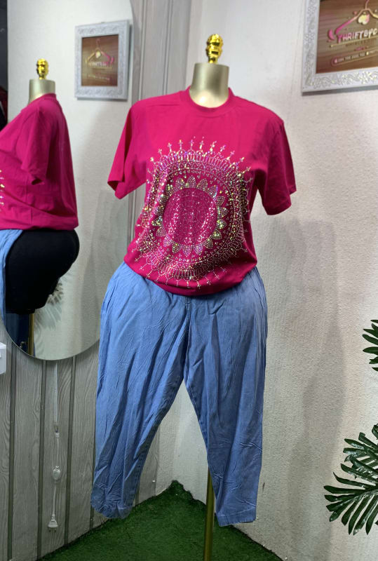 Fuchsia Sequin Mandala Tee & Blue Relaxed Pants Set