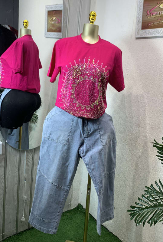 Hot Pink Rhinestone Tee & Relaxed Light Wash Denim Pants