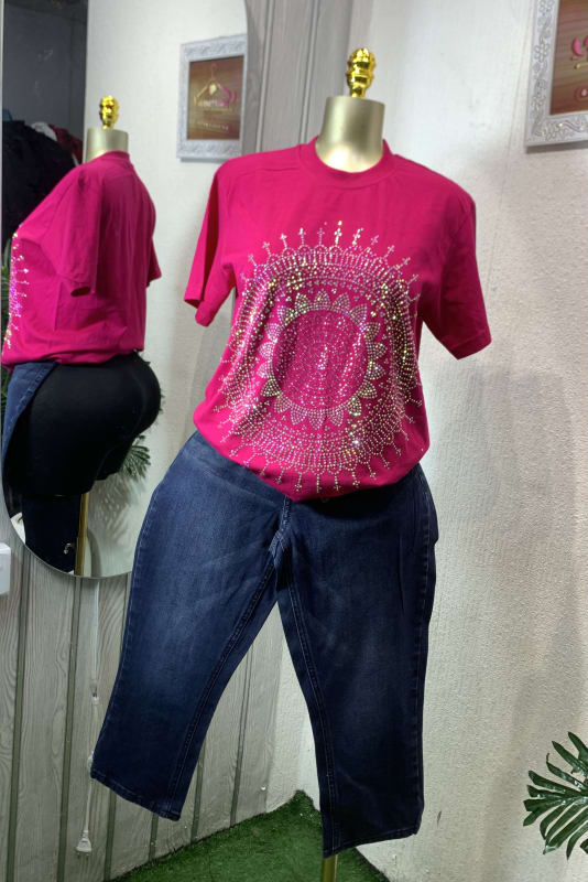 Women's Hot Pink Rhinestone Mandala T-Shirt