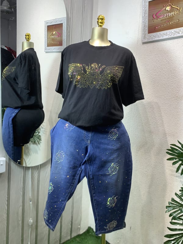 Glam Sparkle Wing Tee & Rhinestone Cropped Jeans