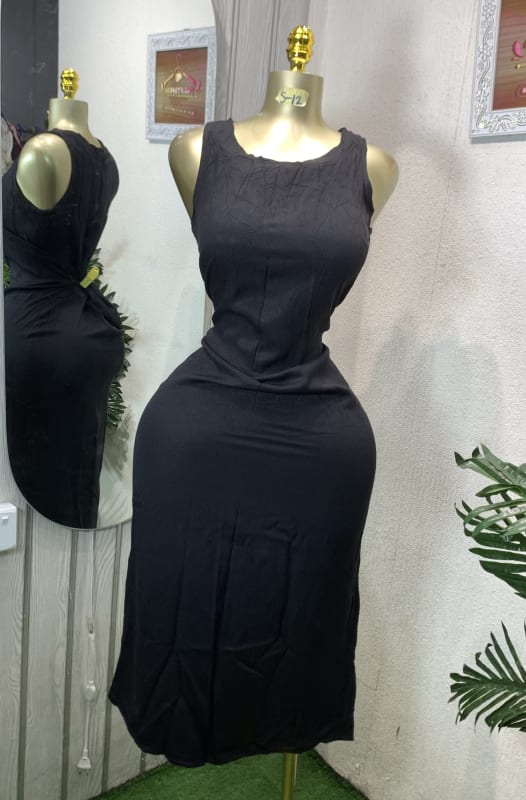 Black Sleeveless Midi Dress - Knot Back Detail