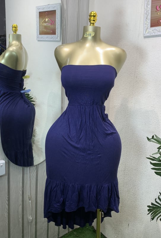 Chic Navy Strapless Ruffle High-Low Midi Dress