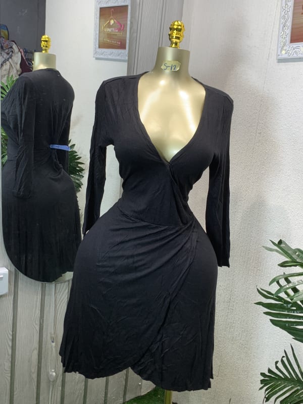 Black Long Sleeve Deep V-Neck Wrap Dress