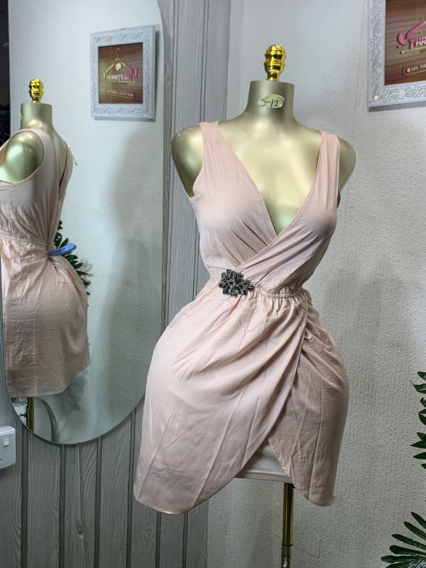 Blush Pink Sleeveless Wrap Mini Dress with Beaded Brooch