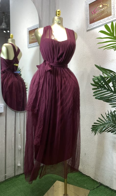 Elegant Burgundy Tulle Formal Maxi Dress